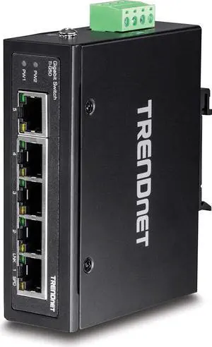 TRENDnet 5-Port Hardened Industrial Gigabit DIN-Rail Switch TI-G50 10 Gbps Switching Capacity IP30 Rated Gigabit Network Switch (-40 to 167 &ordmf) DIN-Rail & Wall Mounts Included Lifetime Protection