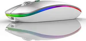 LED Wireless Mouse Uiosmuph G12 Slim Rechargeable Wireless Silent Mouse 2.4G Portable USB Optical Wireless Computer Mice with USB Receiver and Type C Adapter (Silver)