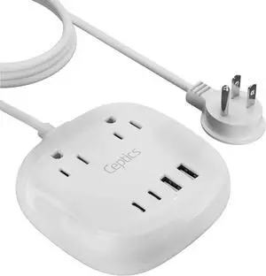 Ceptics USB Power Strip - Surge Protection - Small & Compact Travel Size - Grounded Dual USB + USB-C - Input - Powerful 21W Total, Charging Hub Station, 5 Feet Cord
