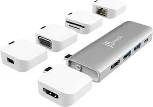 j5create USB-C Multi-Display Modular Hub | HDMI x 2, Mini DisplayPort, VGA, PD 100W, RJ-45 Ethernet, USB-A x 2, USB Type-C x 1, SD Card Reader for MacBook Pro/Air, iPad Pro 2021/2020/2018 (JCD389)