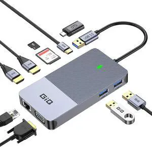 Docking Station GIQ USB3.0 Docking Station 9 in 1 Triple Display Compatiable for Windos Mac OS Ubuntu Chrome OS 2HDMI VGA SD TF Card Reader Gigabit Ethernet 2USB Ports 1USB C Ports