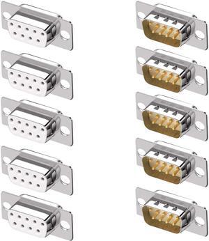Jienk 10PCS DB9 RS232 D-SUB Serial Solder Cup Connectors Gold Plated Joints RS232 Serial Port 9 Pin D Sub Couplers(Male x 5 Female x 5)