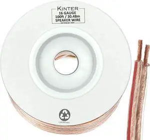 Kinter 100ft 16-Gauge Audio Stereo Speaker Wire Cable 100 Feet 30.48 Meters 2 Conductor Polarity Marked Flexible Clear PVC CCA Home Theater HiFi Surround or Auto for Kinter Amps