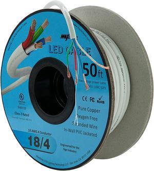 18AWG Low Voltage LED Cable 4 Conductor In-Wall Jacketed Pure Copper Speaker Wire UL/cUL Class 2 (50ft. Spool)