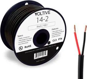 Voltive 14/2 Speaker Wire - 14 AWG/Gauge 2 Conductor - UL Listed in Wall (CL2/CL3) and Outdoor/In Ground (Direct Burial) Rated - Oxygen-Free Copper (OFC) - 100 Foot Spool - Black