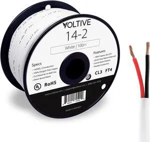Voltive 14/2 Speaker Wire - 14 AWG/Gauge 2 Conductor - UL Listed in Wall (CL2/CL3) and Outdoor/In Ground (Direct Burial) Rated - Oxygen-Free Copper (OFC) - 100 Foot Spool - White