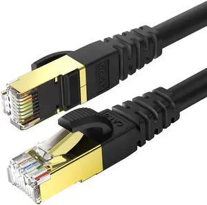 CAT 8 Ethernet Cable 20 FT Black Round Network Internet Ethernet LAN CableHigh Speed 40Gbps 2000Mhz SFTP LAN Wire Internet Patch Cable with RJ45 Connector for Switch/Router/Gaming/Xbox