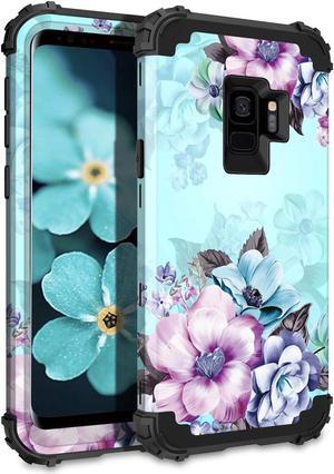 Casetego Compatible with Galaxy S9 CaseFloral Three Layer Heavy Duty Hybrid Sturdy Shockproof Full Body Protective Cover Case for Samsung Galaxy S9-Blue Flower