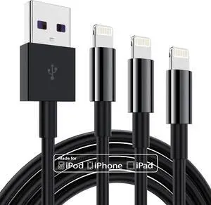 3 Pack  MFi Certified Charger Cable 6ft Lightning to USB Cable Cord 6 Foot 2.4A Fast Charging  Phone Long Chargers for iPhone 11/11Pro/11Max/ X/XS/XR/XS Max/8/7/6 Black
