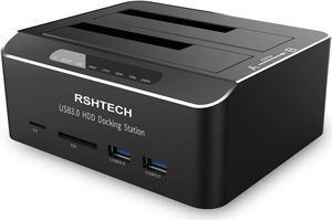 Hard Drive Docking Station RSHTECH USB 3.0 Aluminum Dual Bay Hard Drive Dock for 2.5 & 3.5 SATA HDD SSD with SD TF Card Reader and Offline Clone/Duplicator Function Support 16TB Tool-Free
