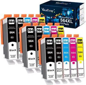 Valuetoner 15 Pack 564XL Ink Cartridge Replacement  564 XL 564XL for Photosmart 5520 6520 7520 7525 5510 Officejet 4620 DeskJet 3500 Printer (3 Black, 3 Photo Black, 3 Cyan, 3 Magenta, 3 Yellow)