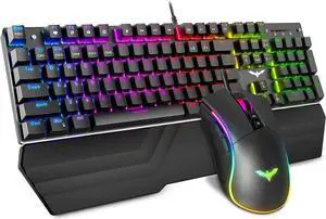 Havit Mechanical Keyboard and Mouse Combo RGB Gaming 104 Keys Blue Switches Wired USB Keyboards with Detachable Wrist Rest, Programmable Gaming Mouse for PC Gamer Computer Desktop