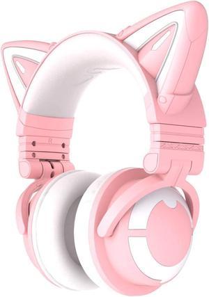 YOWU RGB Cat Ear Headphone 3G Wireless Bluetooth 5.0 Foldable Gaming Headset with 7.1 Surround Sound Built-in Mic & Customizable Lighting and Effect via APP Type-C Charging Audio Cable -Pink