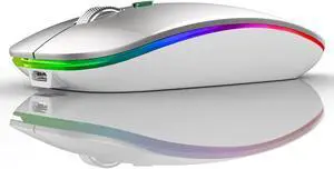 LED Wireless Mouse Uiosmuph G12 Slim Rechargeable Wireless Silent Mouse 2.4G Portable USB Optical Wireless Computer Mice with USB Receiver and Type C Adapter (Silver)