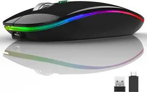 Uiosmuph LED Wireless Silent Mouse, G12 Slim Rechargeable, 2.4G Portable Optical Computer Mice with USB Receiver and Type C Adapter (Black)