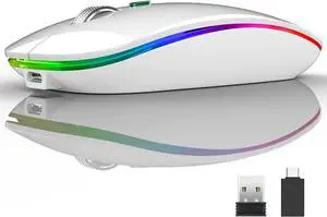 Uiosmuph LED Wireless Silent Mouse, G12 Slim Rechargeable, 2.4G Portable USB Optical Wireless Computer Mice with USB Receiver and Type C Adapter (White)
