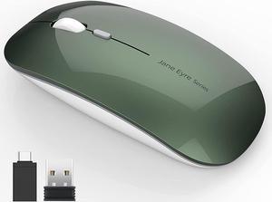 Q5 Slim Rechargeable Wireless Mouse, 2.4G Portable Optical Silent Ultra Thin Wireless Computer Mouse with USB Receiver and Type C Adapter, Compatible with PC, Laptop, Desktop (Blackish Green)