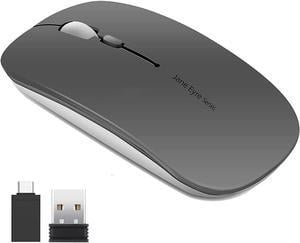 Q5 Slim Rechargeable Wireless Mouse, 2.4G Portable Optical Silent Ultra Thin Wireless Computer Mouse with USB Receiver and Type C Adapter, Compatible with PC, Laptop, Notebook, Desktop (Grey)