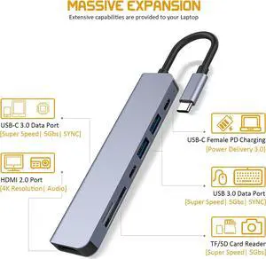 USB C Hub, 7 in 1 USB C Hub Multiport Adapter with HDMI 4K@60hz Output, Power Delivery Type C Charging 7 Port Hub, USB Hub with SD Card Reader, 3.0 USB C Hub for Mac MacBook Pro XPS Surface Pro