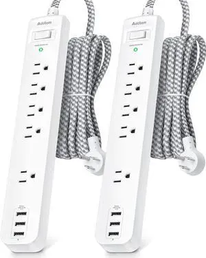 2 Pack Power Strip Surge Protector - 5 Widely Spaced Outlets 3 USB Charging Ports 1875W/15A with 5Ft Braided Extension Cord Flat Plug Overload Surge Protection Wall Mount for Home Office White
