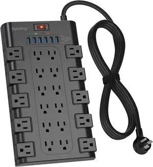 Power Strip SUPERDANNY Surge Protector with 22 AC Outlets and 6 USB Charging Ports 1875W/15A 2100 Joules 6.5Ft Flat Plug Heavy Duty Extension Cord for Home Office Dorm Gaming Room Black