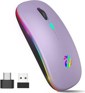 LED Wireless Mouse, Rechargeable Slim Silent Mice 2.4G Portable Office Optical Mouse with USB Receiver and Type-C Adapter, 3 Adjustable DPI for Laptop, Computer, PC, Notebook, Desktop (Light Purple)