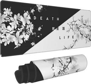 Black and White Cherry Blossom Gaming Mouse Pad XL Extended Large Mouse Mat Desk Pad Stitched Edges Mousepad Long Non-Slip Rubber Base Mice Pad 31.5 X 11.8 Inch