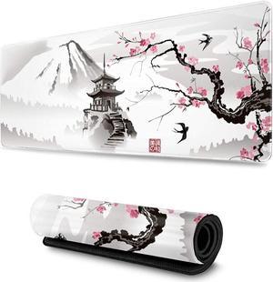 Pagoda and Cherry Blossom Sakura Branch Gaming Mouse Pad XL Extended Large Mouse Mat Desk Pad Stitched Edges Mousepad Long Non Slip Rubber Base Mice Pad 31.5 X 11.8 Inch