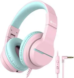 HS19 Kids Headphones with Microphone Volume Limiter 85/94dB Sharing Function Stereo Headphones for Kids Girls Boys Foldable Over-Ear Headphones for Online School/iPad/Chromebooks Pink