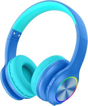 Bluetcooth Kids Headphones Fit for Aged 3-21, Colorful LED Lights Comfort Wireless Headphones with Microphone 94dB Volume Limited for School/iPad/PC/TV/Cellphones, Wired & TF Card Mode,Blue