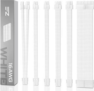 EZDIY-FAB PSU Cable Extension kit Sleeved Cable Custom Power Supply Sleeved Extension 16 AWG 24-PIN 8-PIN 6-PIN 4+4-PIN with White Combs-White Connector-White Cable