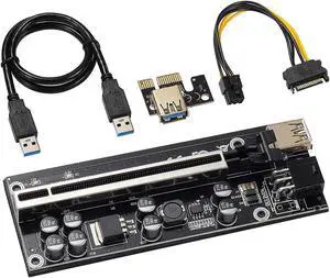 JKTINK PCI-E 1X to 16X V009S-PLUS Riser Card & 6PIN SATA Power Cable PCIe Graphics Card Extension Cable 8 Solid Capacitors Ethereum ETH/GPU Mining Black 1 PCS