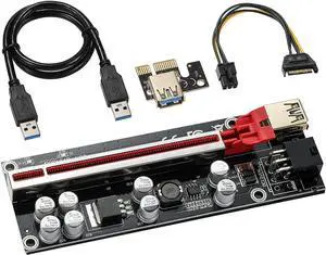 JKTINK PCI-E 1X to 16X V009S-PLUS Riser Card Graphics Card Extension Cable 6PIN SATA Power Cable 8 Solid Capacitors ETH/GPU Mining Red 1 PCS
