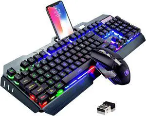 Wireless Gaming Keyboard and Mouse, Rechargeable, Rainbow Backlit with 3800mAh Battery Metal Panel,Mechanical Feel Keyboard and 7 Color Mute Mouse for Windows Computer Gamers