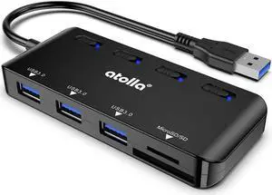 USB SD Card Reader, atolla USB Hub with SD/Micro SD Card Reader, USB Splitter with 3 USB Ports, 2 Card Slots and Individual LED Power Switches