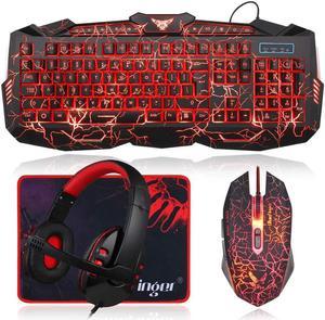BlueFinger Gaming Keyboard Mouse Headset Combo,USB Wired Crack Backlit Keyboard,114 Keys Letters Glow LED Keyboard,Red LED Light Headset for Laptop PC Computer Work and Game