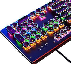 Typewriter Style Mechanical Light Up Keyboard with LED Backlit, Retro Gaming Keyboard with 104-Key Round Keycaps Blue Switch, Steampunk Keyboard with Wired USB for Mac, PC