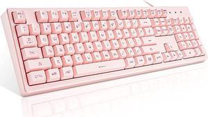 Basaltech Pink Keyboard with 7-Color LED Backlit, 104 Keys Quiet Silent Light Up Keyboard, 19-Key Anti-Ghosting Cheap Gaming Keyboard Mechanical Feeling Waterproof Wired USB for Computer, Mac, Laptop