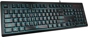 POWZAN Light Up Quiet Gaming Keyboard - Membrane Silent Wired Keyboard with Low Profile Lighted Key for Computer, Windows PC Gamer - Full Size, Black