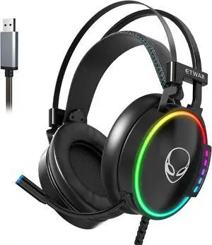 ETWAR EG100 USB Gaming Headset for PC, Computer Headphones with Microphone/Mic Noise Cancelling, Video Gaming Headset USB,RGB Flowing Light - Wired Headphones for PS4, PS5 Console, Laptop, Call Center
