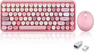 PERIDUO-713 Wireless Mini Keyboard and Mouse Combo, Retro Round Key Caps, Pastel Pink, US English Layout