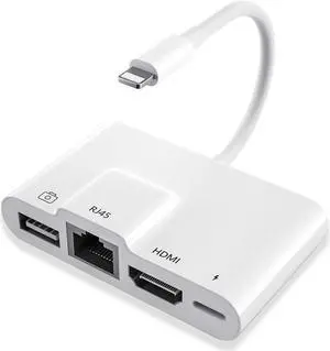 Sharllen RJ45 Ethernet 4 in 1 Lightning to HDMI Adapter - 1080P HD Network LAN Wired USB Data Sync Charging Card Reader for iPhone/iPad/TV/Monitor/Projector/Keyboard/Mouse