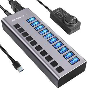 Powered USB Hub - Xiaogan 10 Ports 48W USB 3.0 Data Hub - with Individual On/Off Switches and 12V/4A Power Adapter USB Hub 3.0 Splitter for Laptop, PC, Computer, Mobile HDD, Flash Drive and More