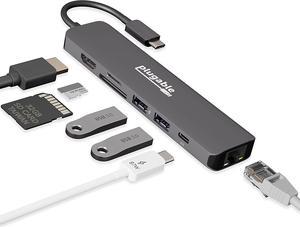 Plugable 7-in-1 USB C Hub Multiport Adapter with Ethernet - Compatible with Mac, Windows, Chromebook, Dell XPS and Thunderbolt 3 (87W Charging, Gigabit Ethernet, 4K HDMI, 2X USB, SD/microSD)