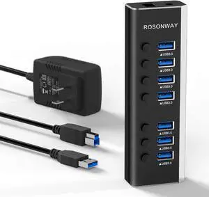 Rosonway USB Hub 3.0 Powered Aluminum 7 Ports USB 3.0 Data Hub Splitter with 24W (12V/2A) Power Adapter and Individual On/Off Switches USB Port Expander for PC and Laptop (RSH-A37S)