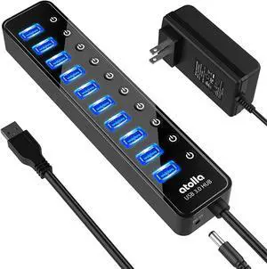 Powered USB 3.0 Hub 10 Ports USB Data Hub Splitter with Individual ON/Off Switches and 12V/2.5A Power Adapter USB Extension for Mouse Keyboard Hard Drive or More USB Devices