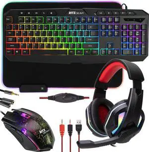 Ritz Gear RGB Gaming Accessories Kit | 4-in-1 Rainbow LED Backlight Bundle PC Combo with Multimedia Keyboard, Optical Mouse, Mouse Pad & Headset w/Adapter | for Windows 7+ Desktop, Laptop, Xbox & PS4