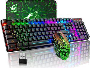 Wireless Gaming Keyboard and Mouse Combo Rainbow Backlight Quiet Ergonomic Mechanical Feeling Anti-ghosting Keyboard Mouse with Rechargeable 4000mAh Battery Mouse Pad for Computer Mac Gamer