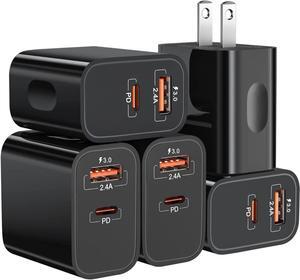 20W USB C Fast Charger+Quick Fast Charger 3.0 Wall Charger, Bangfun 5 Pack Dual Port PD Fast Charging Block Power Adapter Compatible iPhone 16/15/14/13/12/11 Pro Max/XS/SE/8 Plus, Samsung S20 (Black)