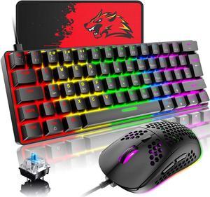 60% Wired Gaming Keyboard and Mouse Combo 62 Key 19 Rainbow LED Backlit Mechanical Keyboard with Full Anti-ghosting Blue Switch Type-C RGB Lightweight Gaming Mouse 6400 DPI for PC/Mac Gamer(Black)